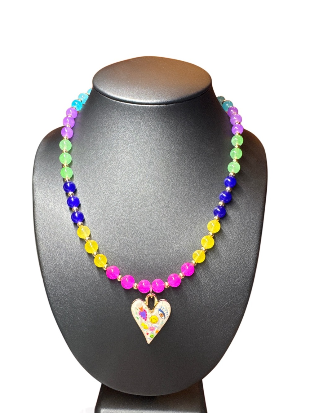 Colorful Multicolor Beaded Necklace with Heart Pendant